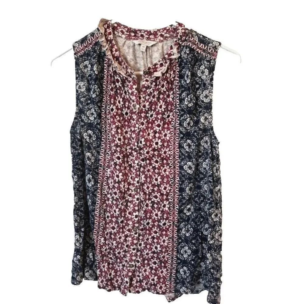 Lucky Brand Boho Blouse Womens Size XS Sleeveless Floral Button Up Patchwork